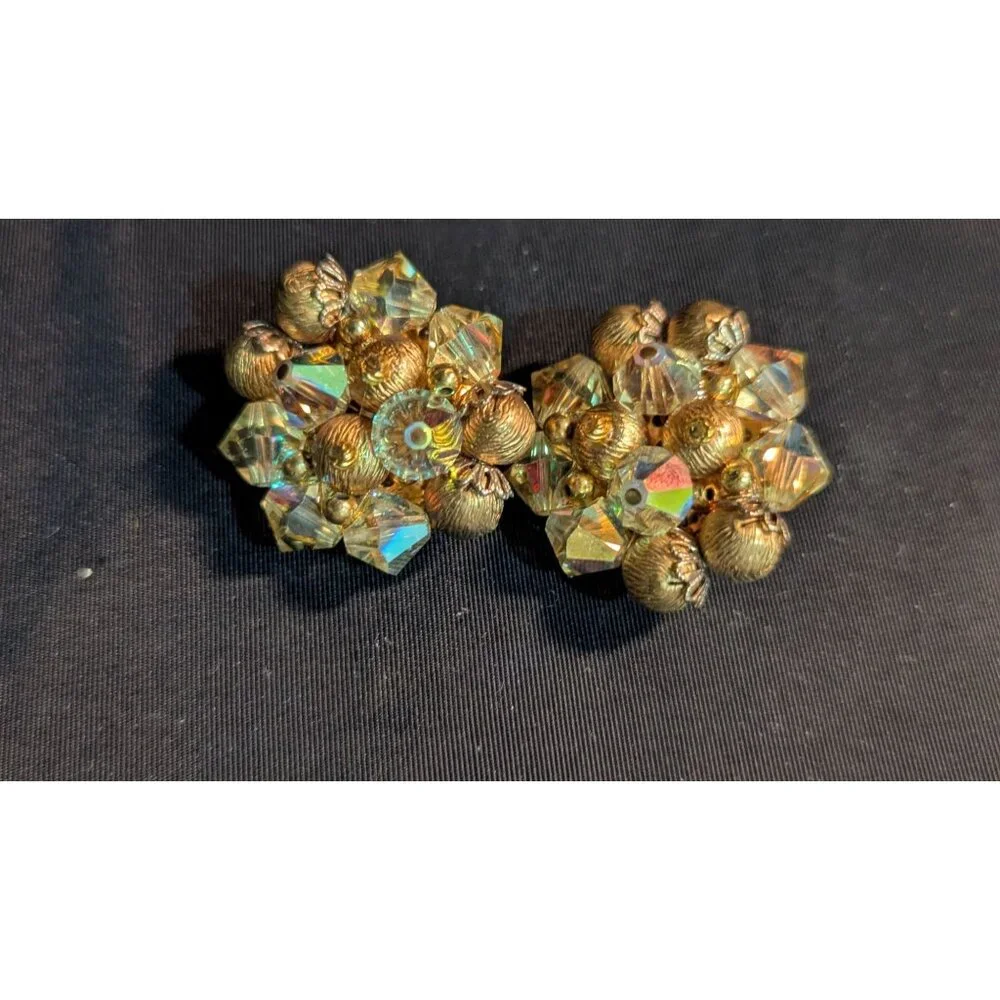 Vintage Clip-On Earrings Aurora Borealis‎ Crystal Beads Cluster Retro Estate